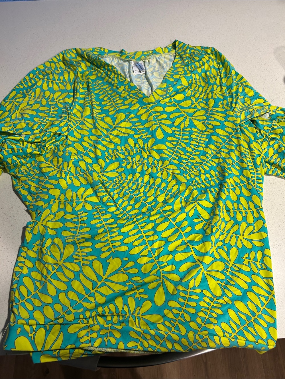 Bright Teal & Lime Leaf Print V-Neck swim cover kimono